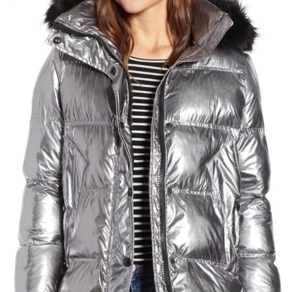 Silver Puffer Jacket with Black Faux Fur Trim - Picture 3 of 6